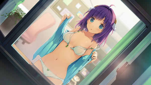 Anime picture 1280x720 with ao no kanata no four rhythm sprite (company) ichinose rika akinashi yuu single long hair looking at viewer blush fringe breasts open mouth blue eyes light erotic wide image large breasts standing game cg purple hair open clothes open shirt