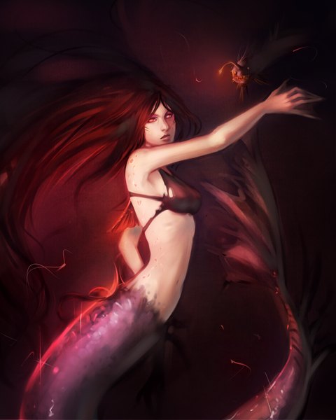 Anime picture 1200x1500 with original moni158 single long hair tall image looking at viewer simple background brown hair tail pink eyes bare belly underwater girl navel fish (fishes) mermaid