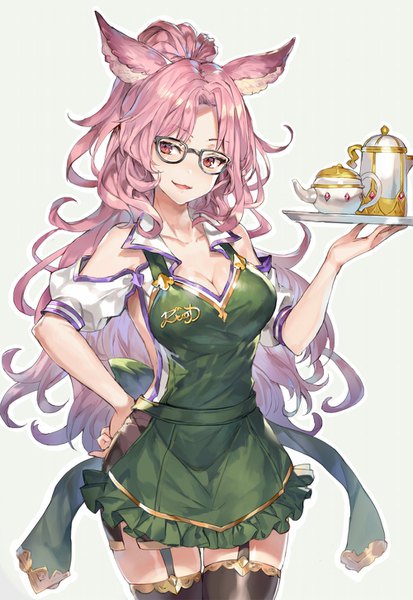Anime picture 1000x1451 with granblue fantasy catherine (granblue fantasy) momoko (momopoco) single long hair tall image breasts light erotic simple background animal ears pink hair cleavage ponytail pink eyes zettai ryouiki hand on hip bespectacled erune girl thighhighs