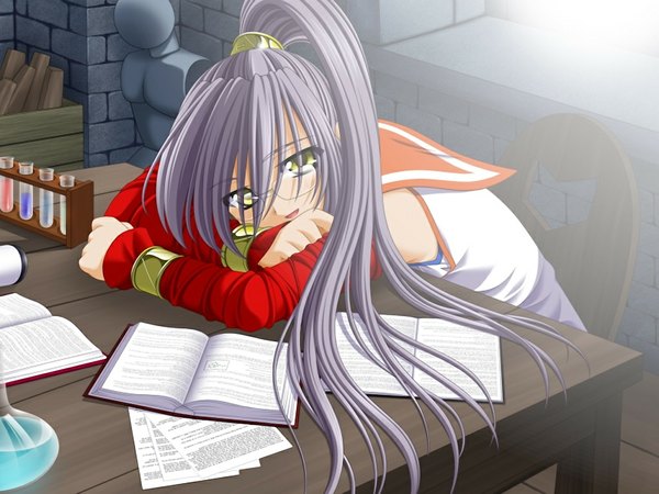 Anime picture 1024x768 with axia (game) yellow eyes game cg silver hair girl glasses