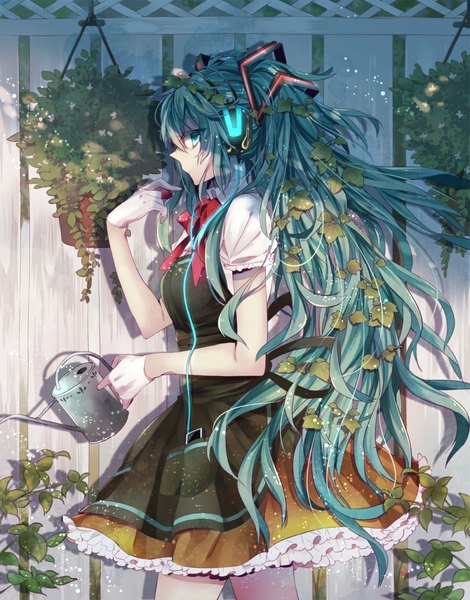 Anime picture 800x1020 with vocaloid hatsune miku noka (blackheart1118) single tall image fringe standing holding very long hair profile aqua eyes aqua hair alternate costume glowing girl dress gloves bow ribbon (ribbons) plant (plants)