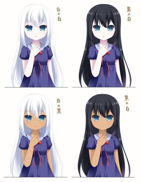 Anime picture 1310x1694 with original ringo yuyu long hair tall image looking at viewer open mouth blue eyes black hair simple background white background multiple girls white hair dark skin hieroglyph pale skin girl dress bow 2 girls blue dress