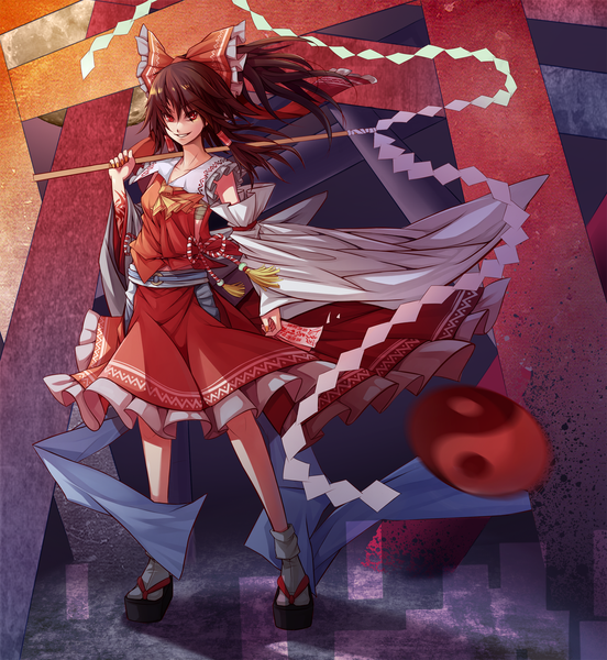 Anime picture 1500x1630 with touhou hakurei reimu chaos1402 single long hair tall image looking at viewer black hair smile red eyes standing grin miko girl skirt bow ribbon (ribbons) hair bow detached sleeves socks