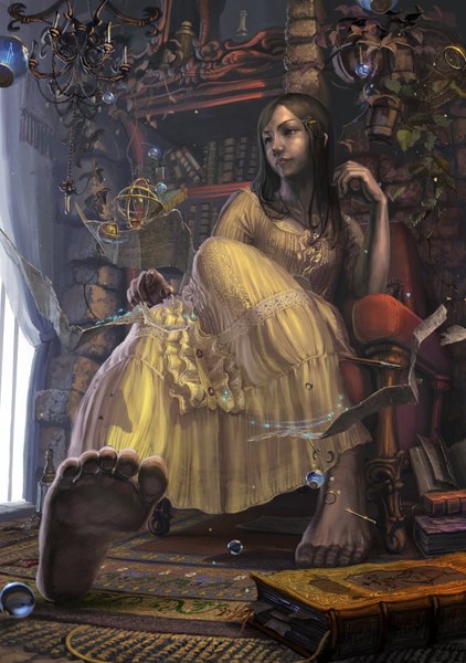 Anime picture 2769x3936 with original reishin single long hair tall image highres brown hair sitting brown eyes looking away barefoot magic fantasy girl dress hair ornament plant (plants) frills book (books) paper