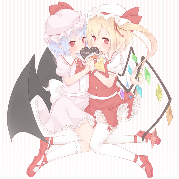 Anime picture 1800x1800 with touhou flandre scarlet remilia scarlet sakurea long hair looking at viewer blush fringe highres short hair simple background blonde hair smile red eyes multiple girls full body pointy ears short sleeves puffy sleeves one side up