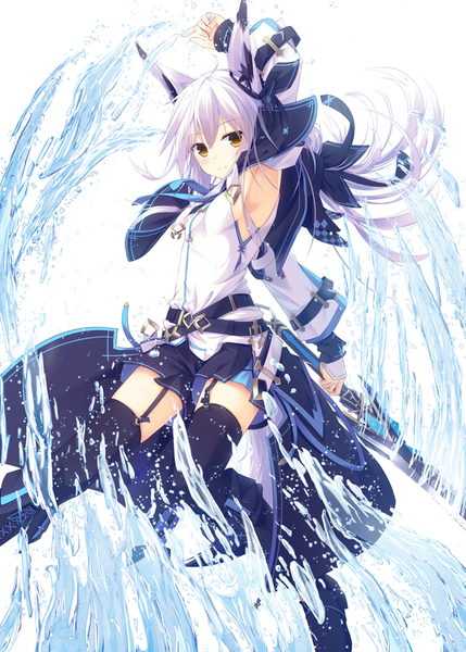 Anime picture 648x906 with original nagishiro mito single long hair tall image looking at viewer white background brown eyes animal ears white hair armpit (armpits) girl thighhighs skirt weapon white thighhighs sword