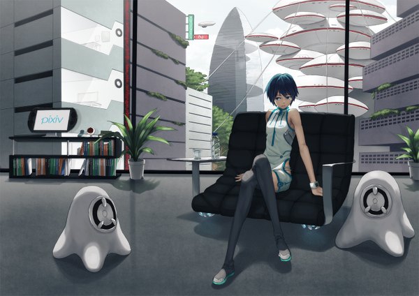 Anime picture 1413x1000 with original pixiv-tan shouhei short hair blue eyes sitting blue hair crossed legs city girl thighhighs black thighhighs building (buildings) couch