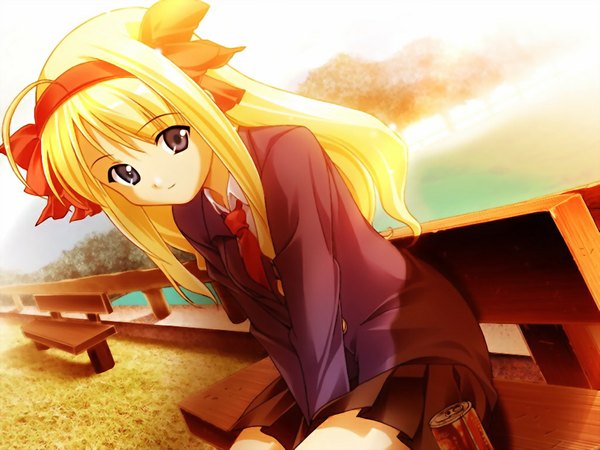 Anime picture 1024x768 with anonono komiya momiji long hair blue eyes blonde hair game cg ahoge evening sunset girl ribbon (ribbons) hair ribbon serafuku