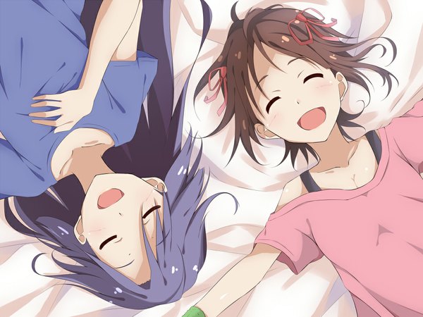 Anime picture 960x720 with idolmaster kisaragi chihaya amami haruka hitotsuki nanoka long hair short hair open mouth brown hair multiple girls blue hair lying eyes closed from above spread arms ^ ^ ^o^ girl ribbon (ribbons) 2 girls hair ribbon