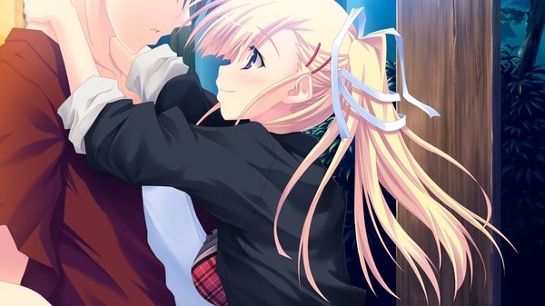 Anime picture 1280x720 with amakan (game) takashina natsumi long hair blue eyes blonde hair wide image game cg ponytail couple girl ribbon (ribbons) hair ribbon