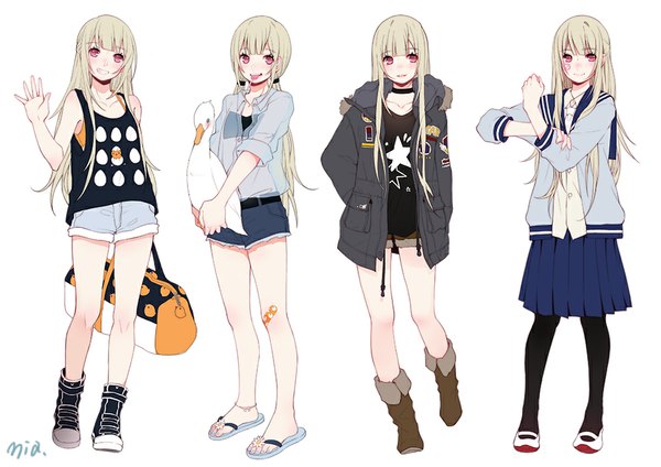Anime picture 1000x707 with original mia0309 long hair blush fringe open mouth simple background blonde hair standing white background twintails multiple girls pleated skirt pink eyes open clothes open jacket clenched teeth bandaid on face bandaid on leg bandaid on knee