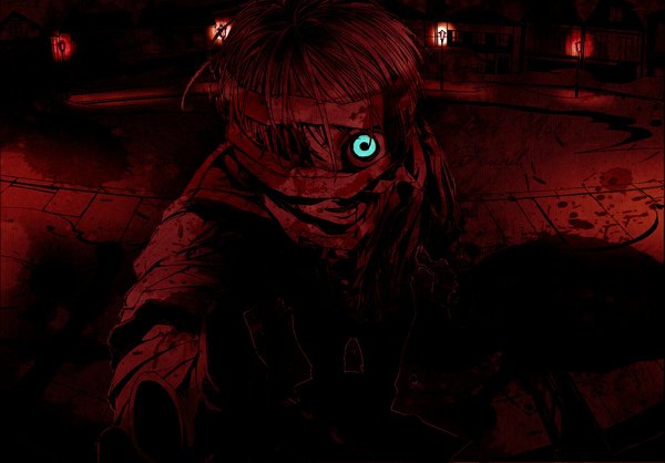 Anime picture 1175x819 with vocaloid night walker (vocaloid) kagamine len single short hair aqua eyes dark background boy bandage (bandages)