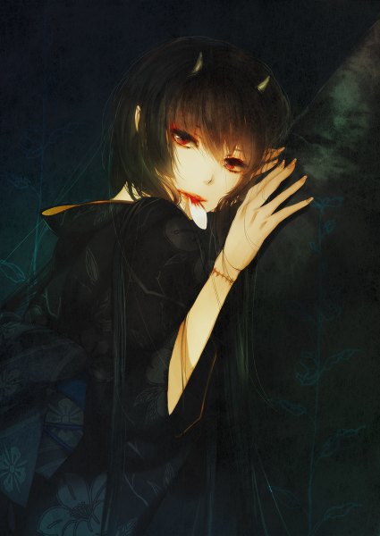 Anime picture 850x1200 with original porigon single long hair tall image looking at viewer fringe black hair red eyes holding traditional clothes japanese clothes horn (horns) fingernails mouth hold dark background scar oni horns girl plant (plants)
