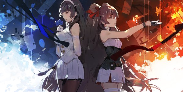 Anime picture 1280x643 with girls frontline type 95 (girls frontline) qbz-97 (girls frontline) kishiyo breasts open mouth black hair brown hair wide image large breasts twintails multiple girls holding brown eyes looking away very long hair profile pleated skirt sleeveless outstretched hand