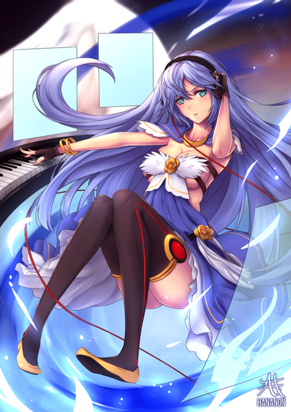 Anime picture 744x1052 with original thousand characters project (hananon) aurica (thousand characters project) hananon single tall image looking at viewer fringe blue eyes light erotic purple hair bent knee (knees) very long hair no bra hand on headphones girl thighhighs gloves black thighhighs headphones