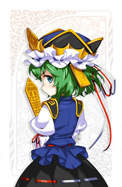 Anime picture 655x1000 with touhou shikieiki yamaxanadu hong (white spider) single tall image looking at viewer blush short hair profile looking back aqua eyes green hair from behind back girl ribbon (ribbons) hat rod of remorse
