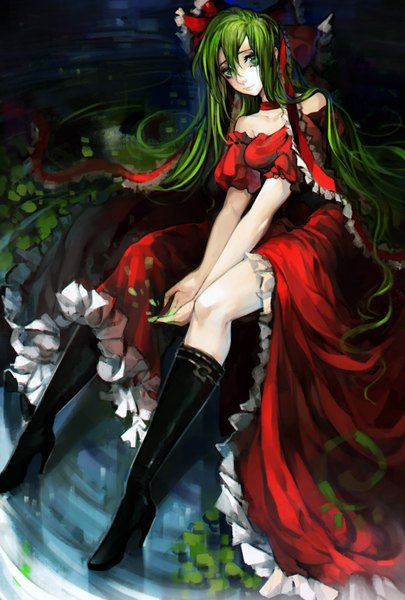 Anime picture 1000x1480 with touhou kagiyama hina miyako (pixiv) single long hair tall image looking at viewer sitting bare shoulders green eyes green hair high heels lake girl dress bow hair bow water frills thigh boots