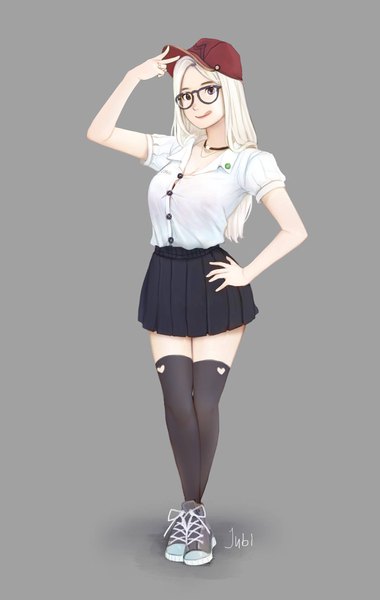 Anime picture 1299x2048 with original mio (jubi) jubi (regiana) single long hair tall image looking at viewer breasts simple background blonde hair large breasts standing brown eyes signed full body pleated skirt arm up grey background short sleeves zettai ryouiki