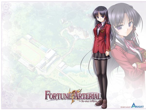 Anime picture 1280x960 with fortune arterial august soft kuze kiriha long hair looking at viewer black hair purple eyes full body copyright name girl skirt uniform school uniform pantyhose shoes black pantyhose black skirt loafers