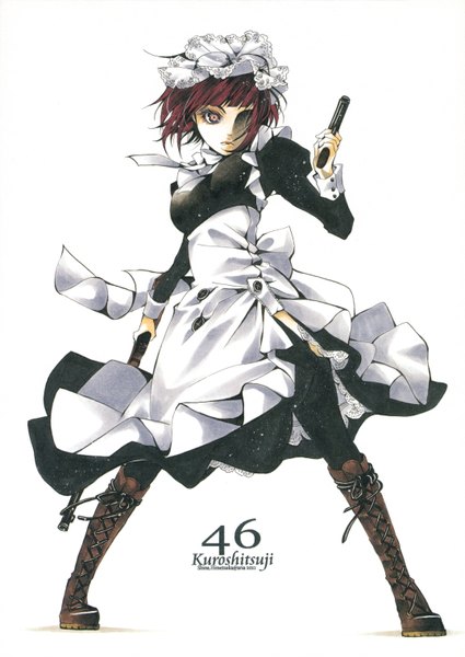 Anime picture 4296x6070 with kuroshitsuji a-1 pictures maylene shina himetsuka single tall image highres short hair simple background red eyes standing white background absurdres red hair scan maid battle girl dress bow