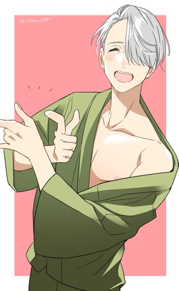 Anime picture 739x1200 with yuri!!! on ice mappa viktor nikiforov natsuko (bluecandy) single tall image blush short hair open mouth simple background silver hair upper body eyes closed traditional clothes japanese clothes off shoulder crossed arms pink background ^ ^ boy