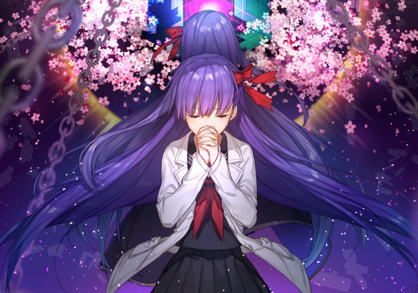 Anime picture 1422x1000 with fate (series) fate/extra fate/extra ccc type-moon matou sakura bb (fate) (all) bb (fate/extra) chocoan long hair blush fringe multiple girls purple hair eyes closed pleated skirt wind tears cherry blossoms reflection hands clasped