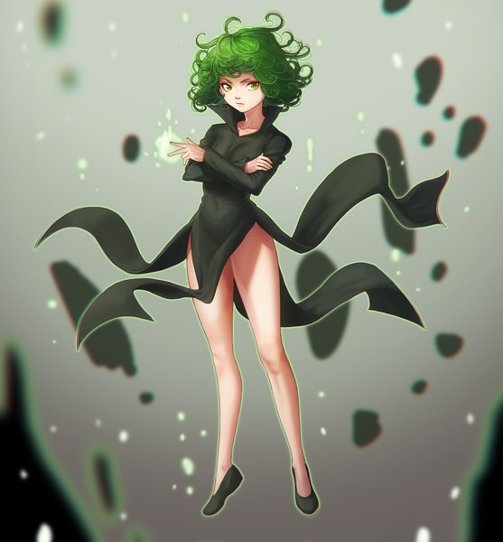 Anime picture 2300x2477 with one-punch man madhouse tatsumaki ekdud8463 single tall image fringe highres short hair light erotic green eyes looking away full body green hair legs covered navel crossed arms side slit glow weightlessness