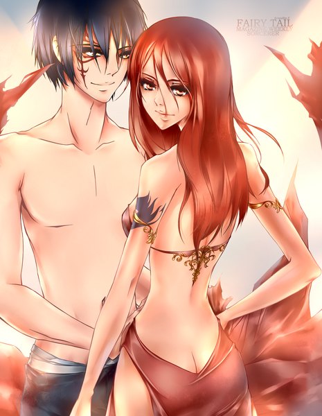 Anime picture 1008x1300 with fairy tail erza scarlet jellal fernandes kristallin-f (artist) long hair tall image looking at viewer short hair light erotic black hair smile red eyes bare shoulders looking away red hair looking back from behind midriff orange eyes tattoo