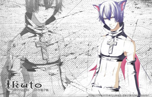 Anime picture 1024x658 with shugo chara! tsukiyomi ikuto kaminary short hair blue eyes animal ears blue hair cat ears inscription boy detached sleeves cloak cross