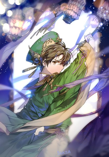Anime picture 700x1000 with card captor sakura clamp li xiaolang sorolp single tall image looking at viewer fringe short hair hair between eyes brown hair brown eyes signed traditional clothes profile wind boy weapon hat earrings