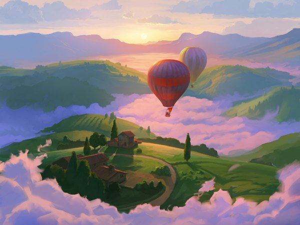 Anime picture 900x675 with rhads sky cloud (clouds) evening sunset mountain fog plant (plants) tree (trees) building (buildings) sun aircraft hot air balloons
