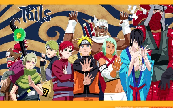 Anime picture 1920x1200 with naruto studio pierrot naruto (series) uzumaki naruto gaara killer bee fuu (naruto) nii yugito utakata (naruto) roushi yagura han long hair looking at viewer fringe highres short hair open mouth black hair smile