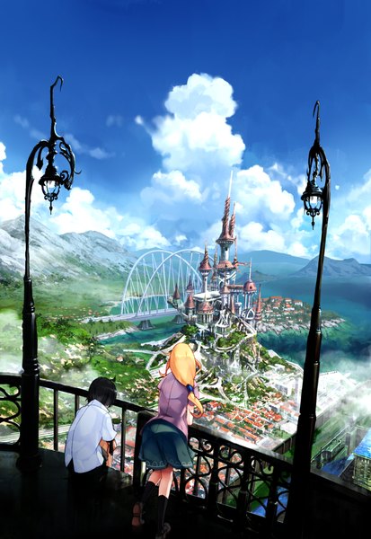 Anime picture 1379x2000 with original shjjy 296 long hair tall image short hair black hair blonde hair standing sitting sky cloud (clouds) from above short sleeves mountain girl boy skirt shirt water socks