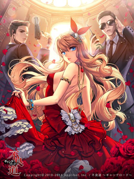 Anime picture 750x1000 with furyou michi ~gang road~ love cacao single long hair tall image looking at viewer short hair blue eyes black hair blonde hair bare shoulders girl dress boy hair ornament flower (flowers) weapon petals bracelet rose (roses)