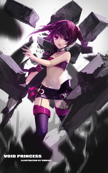 Anime picture 768x1228 with elsword aisha landar swd3e2 single long hair tall image looking at viewer open mouth purple eyes twintails bare shoulders purple hair inscription bare belly girl thighhighs skirt navel weapon miniskirt