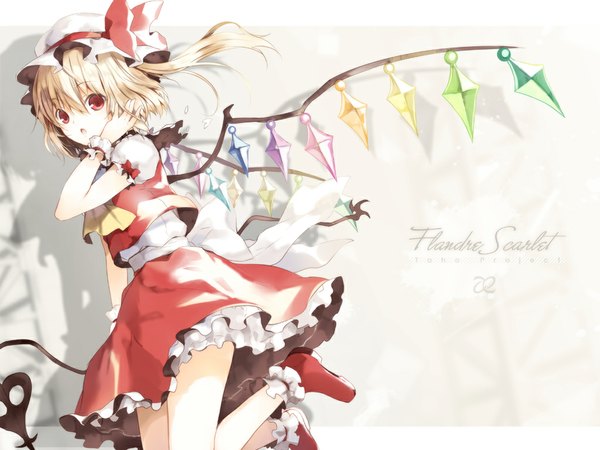 Anime picture 1024x768 with touhou flandre scarlet 6u (eternal land) single short hair open mouth simple background blonde hair red eyes girl dress skirt bow wings frills bonnet skirt set crystal