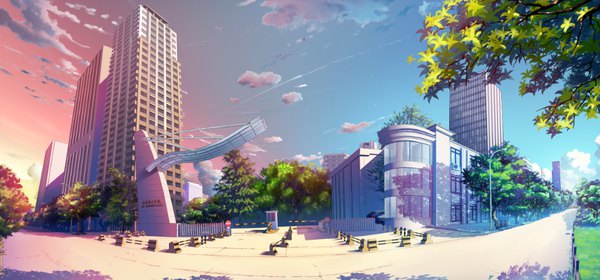Anime picture 983x459 with original xingyue ling wide image sky cloud (clouds) shadow evening sunset no people street panorama plant (plants) tree (trees) building (buildings) ground vehicle car road skyscraper lamppost traffic sign