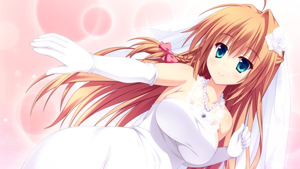 Anime picture 1280x720 with koishiki manual ichinose himeno saeki nao single long hair looking at viewer blush breasts blue eyes blonde hair smile wide image large breasts bare shoulders game cg braid (braids) hair flower wedding girl dress