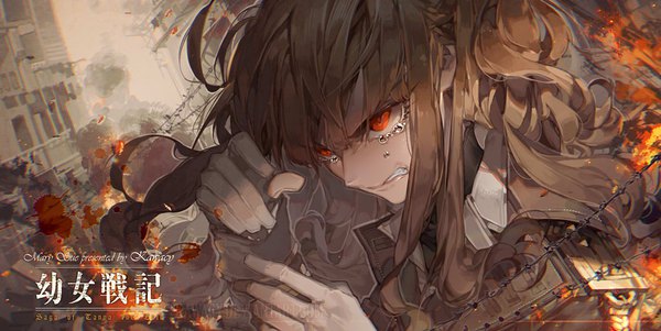 Anime picture 1024x514 with youjo senki mary sioux kawacy single long hair fringe hair between eyes red eyes brown hair wide image looking away copyright name tears wavy hair smoke angry clenched teeth destruction spoilers blood stains