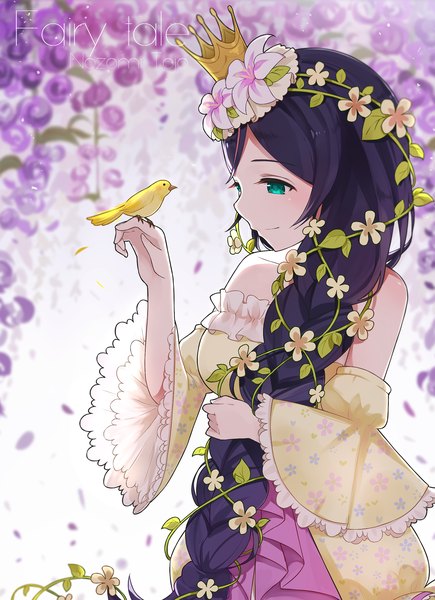 Anime picture 1286x1771 with love live! school idol project sunrise (studio) love live! toujou nozomi gkn levi long hair tall image blush sitting bare shoulders green eyes looking away purple hair braid (braids) profile arm up hair flower single braid floral print sitting on person