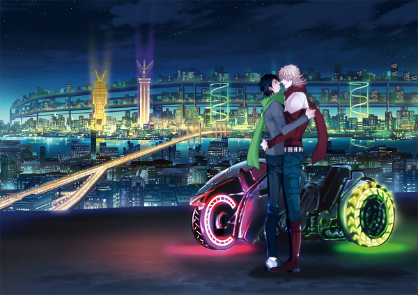 Anime picture 1323x935 with tiger & bunny sunrise (studio) kaburagi t. kotetsu barnaby brooks jr. nakamura (tec) short hair black hair blonde hair cloud (clouds) night hug city cityscape face to face shounen ai city lights boy belt scarf building (buildings)