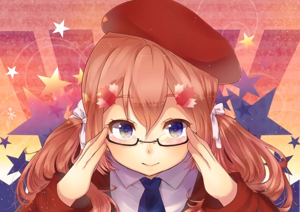 Anime picture 2806x1984 with axis powers hetalia studio deen canada (hetalia) yoishigure kaede single long hair looking at viewer blush highres smile brown hair twintails purple eyes from above adjusting glasses girl hair ornament ribbon (ribbons) hair ribbon glasses