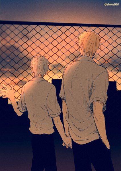 Anime picture 600x847 with kuroko no basket production i.g kuroko tetsuya kise ryouta mashima shima tall image short hair blonde hair signed looking away sky silver hair cloud (clouds) from behind multiple boys couple holding hands evening sunset hand in pocket