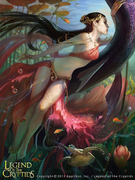 Anime picture 750x1000 with legend of the cryptids toru-meow single long hair tall image looking at viewer light erotic black hair bare shoulders full body profile barefoot fingernails sunlight realistic bare belly bare legs midriff copyright name underwater