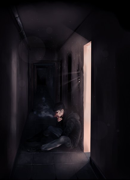 Anime picture 798x1096 with devil may cry dante (devil may cry) skopt (artist) single tall image short hair black hair sitting eyes closed alternate costume light smoke checkered floor smoking hole boy thigh boots cigarette tiles hallway