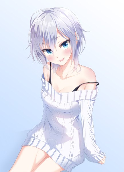 Anime picture 866x1199 with idolmaster idolmaster cinderella girls anastasia (idolmaster) heirou single tall image looking at viewer blush short hair blue eyes simple background sitting bare shoulders cleavage silver hair off shoulder gradient background body blush girl dress