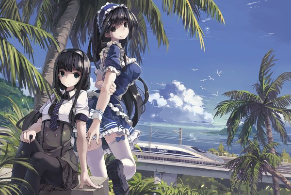Anime picture 1200x805 with original huanxiang huifeng long hair looking at viewer blue eyes black hair standing sitting multiple girls brown eyes cloud (clouds) zettai ryouiki turning head plaid skirt landscape scenic girl thighhighs dress skirt