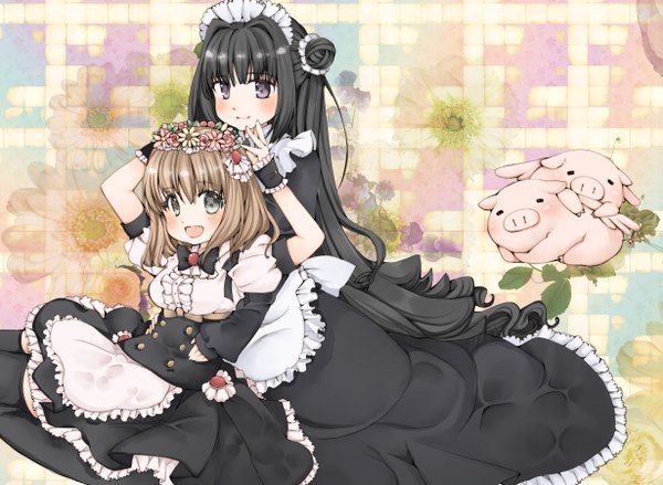 Anime picture 2459x1800 with original mottida long hair blush highres short hair open mouth blue eyes black hair brown hair purple eyes multiple girls maid girl thighhighs dress flower (flowers) black thighhighs 2 girls animal