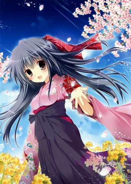 Anime picture 2608x3672 with mizusawa mimori single long hair tall image blush highres open mouth black hair brown eyes traditional clothes japanese clothes cherry blossoms girl flower (flowers) ribbon (ribbons) hair ribbon petals kimono