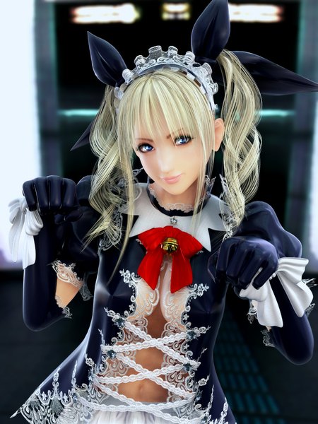 Anime picture 750x1000 with incise soul rukia (incise soul) m-rs single long hair tall image looking at viewer fringe breasts blue eyes light erotic blonde hair maid lipstick drill hair makeup curly hair 3d latex girl